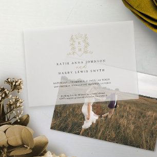 Monogram crest heart crown white gold wedding  vellum invitations