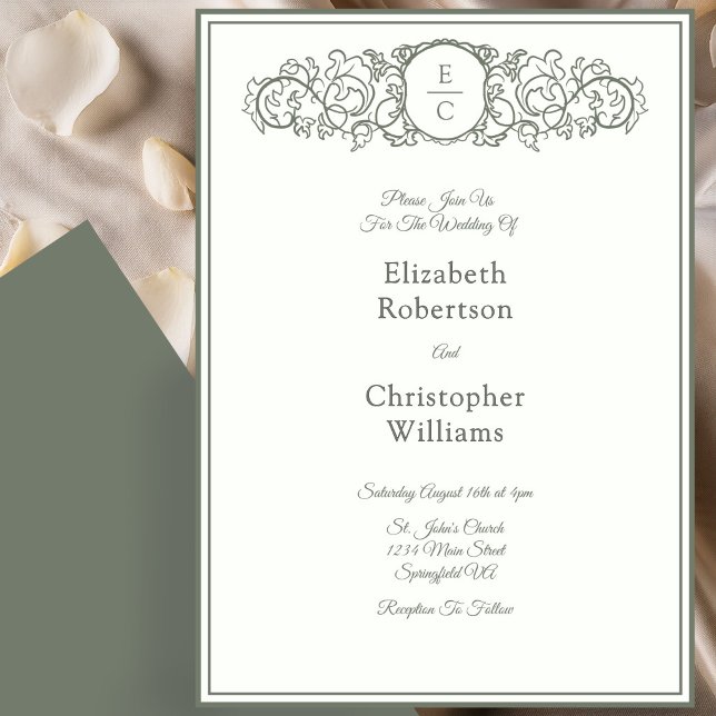 Monogram Crest Ivory and Green Wedding Invitation (Creator Uploaded)