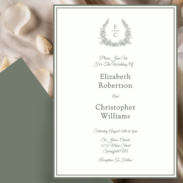 Monogram Crest Ivory and Green Wedding Invitation (Creator Uploaded)