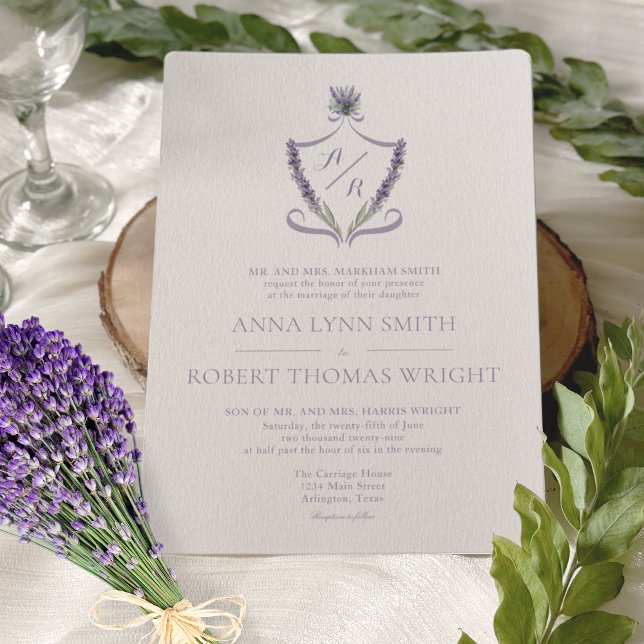 Monogram Crest Lavender Elegant Wedding Invitation (Creator Uploaded)