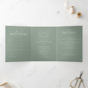 Monogram Crest   Modern Minimalist Wedding Photo Tri-Fold Invitation