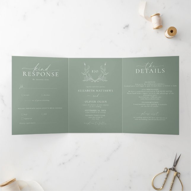 Monogram Crest | Modern Minimalist Wedding Photo Tri-Fold Invitation (Inside)