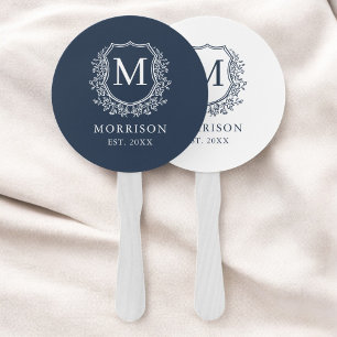 Monogram Crest Navy Blue Botanical Wedding  Hand Fan
