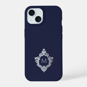 Monogram Crest Navy Blue Elegant Vintage Initial iPhone 15 Case