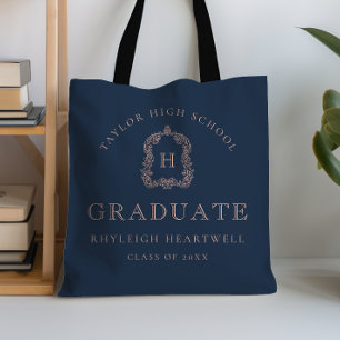 Monogram Crest Navy Blue Rose Graduation Tote Bag