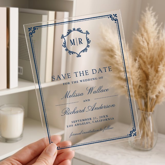 Monogram Crest Navy Blue Wedding Save the Date Acrylic Invitations (Creator Uploaded)