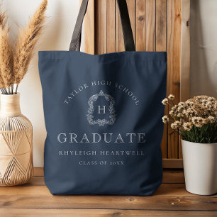 Monogram Crest Navy Blue White Graduation Tote Bag