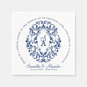Monogram Crest Old Print Royal Blue Wedding Napkin