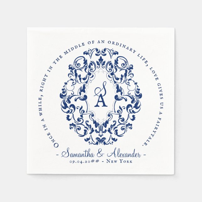 Monogram Crest Old Print Royal Blue Wedding Napkin (Front)