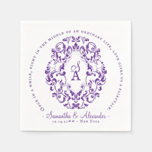 Monogram Crest Old Print Royal Purple Wedding Napkin