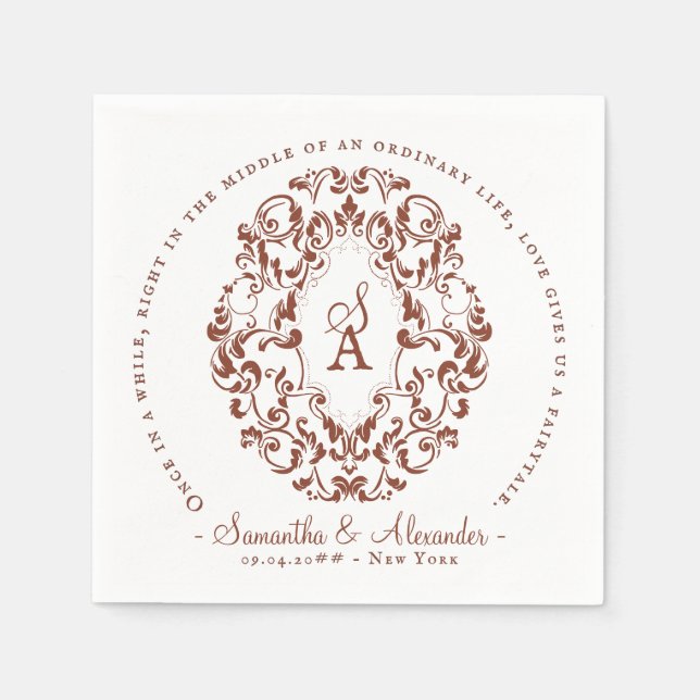 Monogram Crest Old Print Terra Cotta Wedding Napkin (Front)