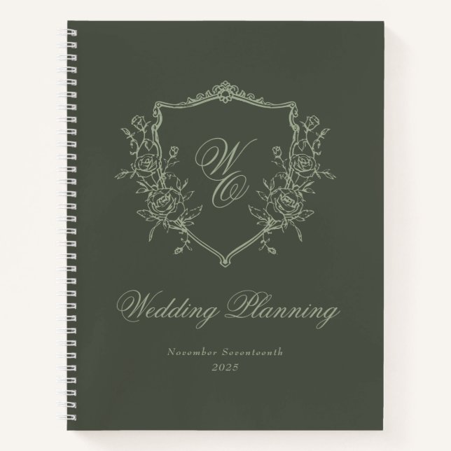 Monogram Crest Olive Sage Wedding planner Notebook (Front)