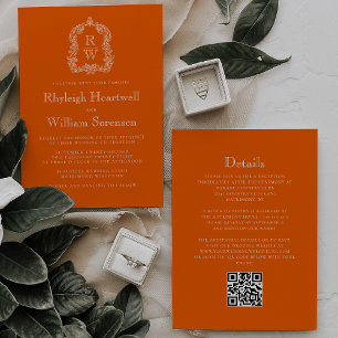 Monogram Crest Persimmon Orange QR Code Wedding Invitation