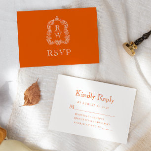 Monogram Crest Persimmon Orange Wedding RSVP Card