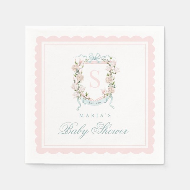 Monogram Crest Pink Bow Scallop Napkin (Front)