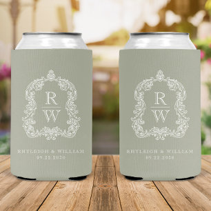 Monogram Crest Sage Green Wedding Can Cooler