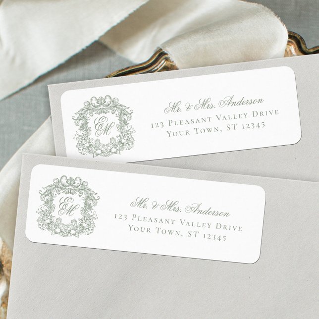 Monogram Crest Sage Green Wedding Return Address (Creator Uploaded)