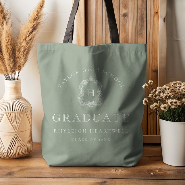 Monogram Crest Sage Green White Graduation Tote Bag (Creator Uploaded)