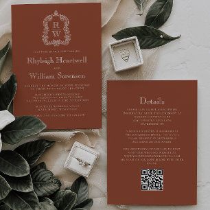 Monogram Crest Terracotta QR Code Wedding Invitation