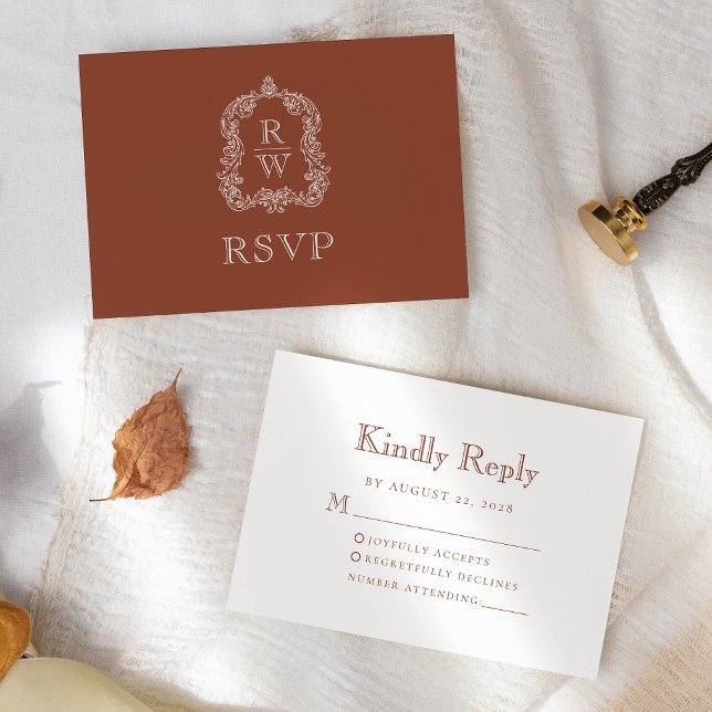 Monogram Crest Terracotta Wedding RSVP Card (Creator Uploaded)