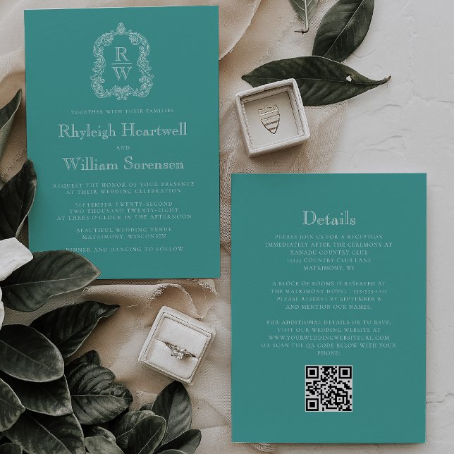 Monogram Crest Turquoise QR Code Wedding Invitation (Creator Uploaded)