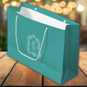 Monogram Crest Turquoise Wedding Large Gift Bag