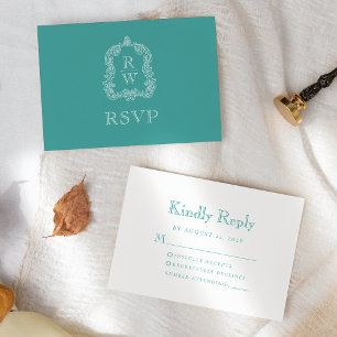 Monogram Crest Turquoise Wedding RSVP Card