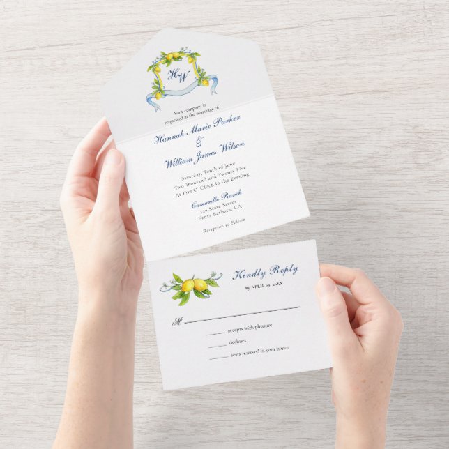 Monogram Crest watercolor Lemons Wedding All In One Invitation (Tearaway)