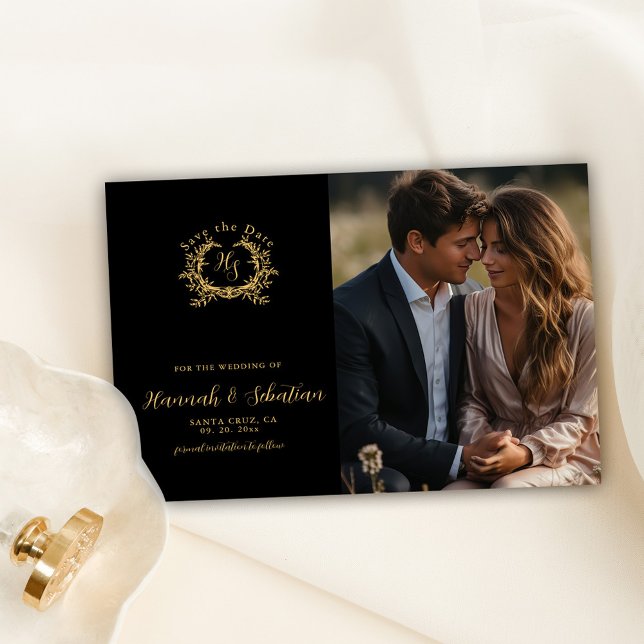 Monogram Crest Wedding Photo Black/Gold Save The Date (Creator Uploaded)