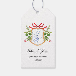 Monogram Crest with greenery Holiday wedding Gift Tags