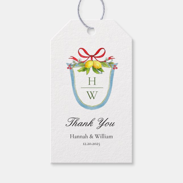 Monogram Crest with Lemons Wedding Thank You Gift Tags (Front)
