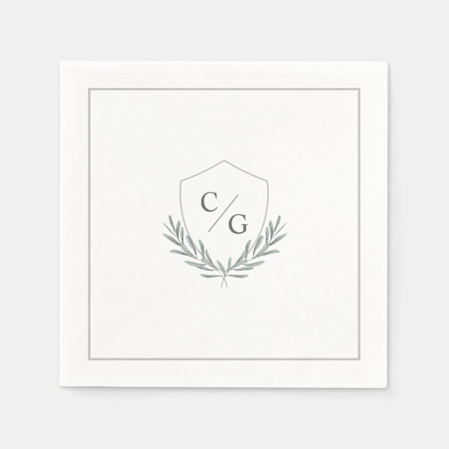 Monogram Crest with Olive Branches Wedding Napkin (Front)
