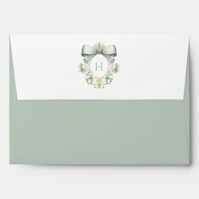 Monogram Crest with Sage Green Bow Wedding Envelope (Back (Top Flap))
