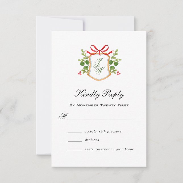 Monogram Crest with winter Greenery RSVP  Card (Front)