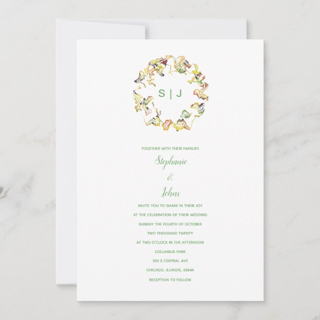 Monogram Crest Yellow Green White Boho Wedding Invitation (Front)