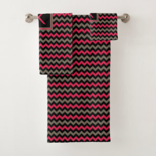Monogram Crimson Brown Black Chevron Pattern Bath Towel Set