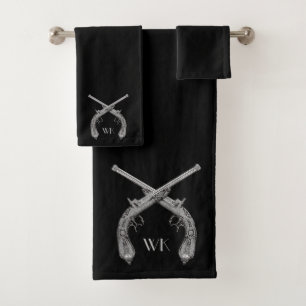 Monogram Crossed Pistols Black Bath Towel Set