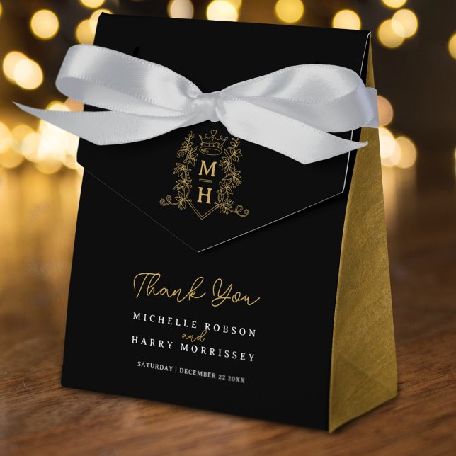 Monogram crown crest black gold thank you wedding  favour box (Creator Uploaded)