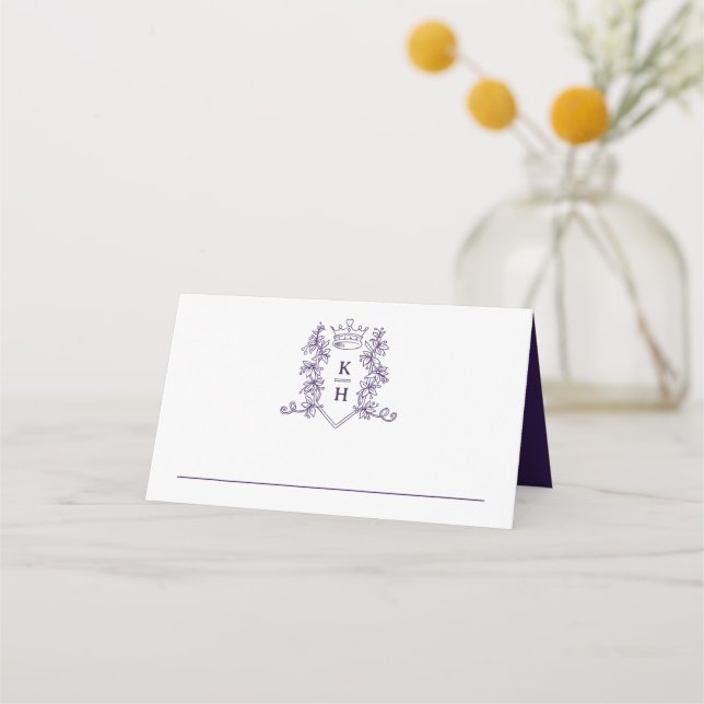Monogram crown crest white purple wedding place card (Front)