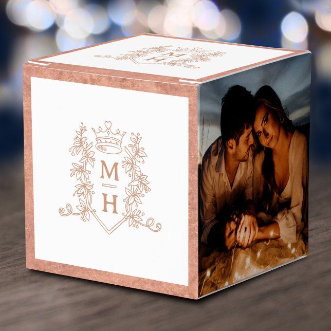Monogram crown crest white rose gold photo wedding favour box (Creator Uploaded)