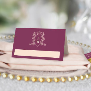 Monogram crown crest wine red peach wedding place card