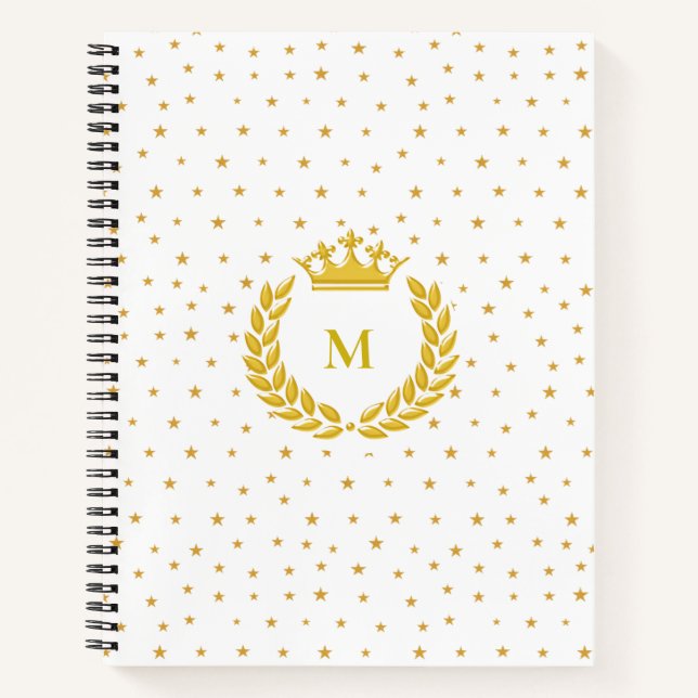 Monogram, Crown, Laurel & Gold Stars on White Notebook (Front)