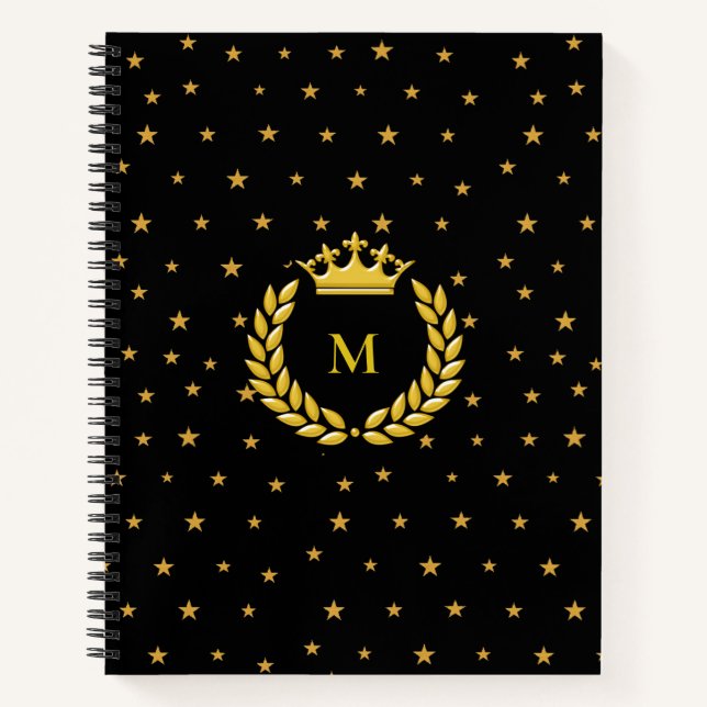 Monogram, Crown, Laurel & Golden stars on Black Notebook (Front)
