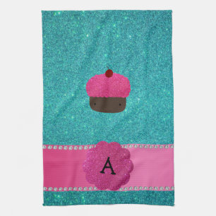 Monogram cupcake turquoise glitter tea towel