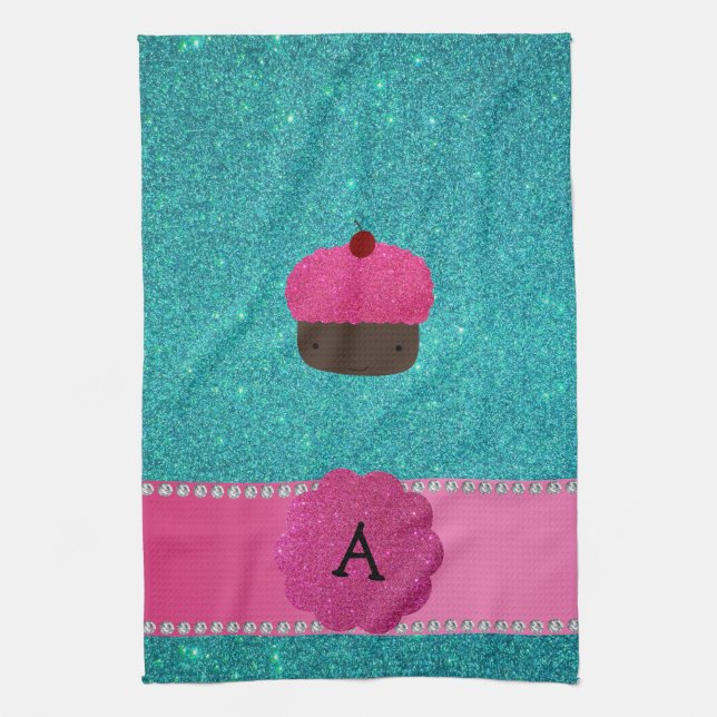 Monogram cupcake turquoise glitter tea towel (Vertical)