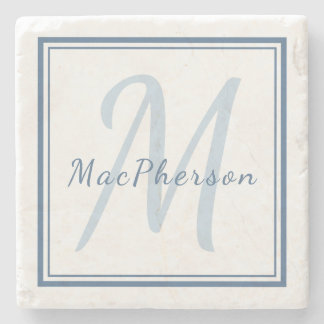 Monogram Custom Blue Text Marble Stone Coaster