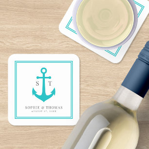 Monogram Custom Border and Anchor Colour Nautical Square Paper Coaster