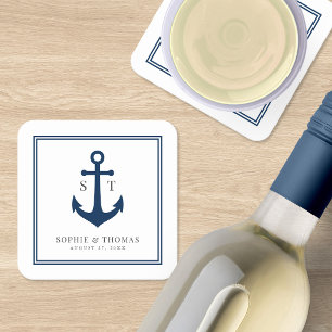 Monogram Custom Border and Anchor Colour Nautical Square Paper Coaster