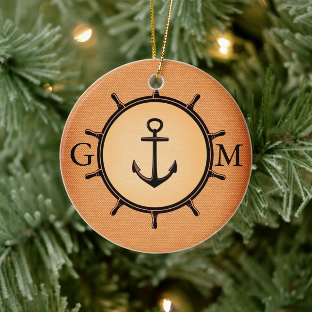 Monogram Custom Brass Nautical Wheel and Anchor Ceramic Tree Decoration (Tree)