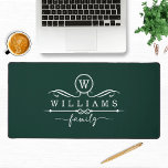 Monogram Custom Family Name Green White Script Desk Mat<br><div class="desc">Monogram Custom Family Name Green White Script Desk Mats features a monogram and personalised family name in elegant white script typography on a dark green background. Perfect gift for family and friends for birthday, Christmas, Father's Day, Mother's Day, Grandparents, wife, husband, mum, dad and more. Designed by ©Evco Studio www.zazzle.com/store/evcostudio...</div>
